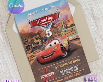 Faire-part de fête d'anniversaire voitures, Faire-part d'anniversaire voitures Lightning McQueen, Evite d'anniversaire de voiture de course garçon, toile, Invitation numérique