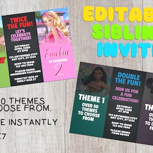 Pode incluir: Modelo de convite de festa de aniversário para irmãos editável com três temas diferentes. O primeiro tema é uma cena de fazenda com um porco, uma vaca e uma ovelha. O segundo tema é uma sereia com um fundo azul e verde. O terceiro tema é um personagem do Mickey Mouse com um fundo rosa e roxo. O texto do convite diz "Twice the Fun!" e "Double the Fun!" com detalhes sobre a festa, incluindo a data, a hora e as informações de RSVP.