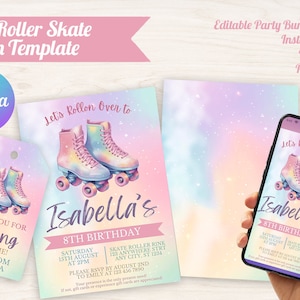 May include: A pastel-coloured roller skate invitation template. The design includes a tag, invitation, and a mobile phone mockup, all featuring roller skate illustrations. The text includes "Isabella's 8th Birthday" and "Let's Rollon Over to".