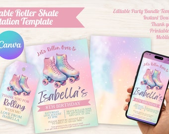 Bundle d'invitations d'anniversaire en patins à roulettes, fille arc-en-ciel, anniversaire de patinage pour enfants, invitation numérique, étiquette de remerciement, invitation imprimable, modifiable pour les enfants