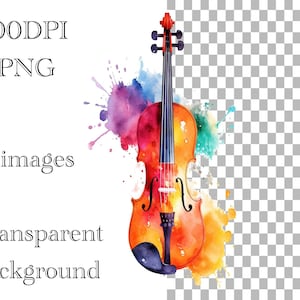 May include: A watercolor illustration of a violin with colorful paint splatters in the background. The violin is orange, red, and yellow with black strings.