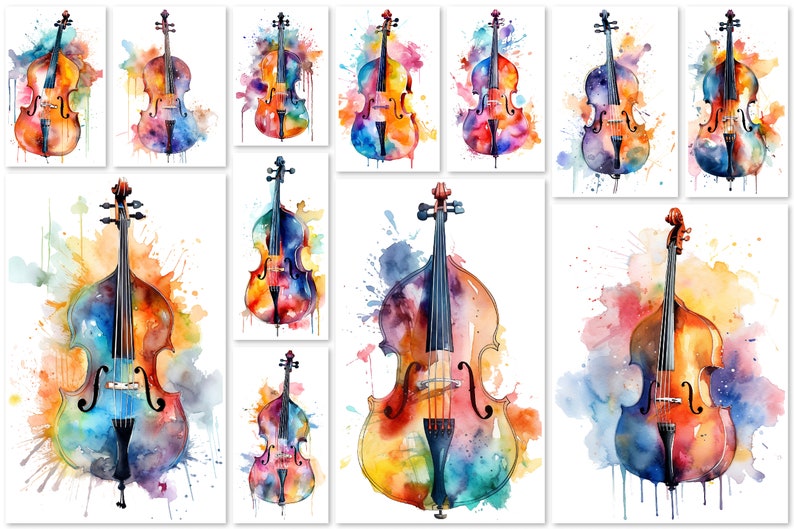 Upright Bass Watercolor Artwork, Clipart, Dreamy Vibes, Splash Colors ...
