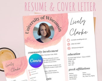 Rosa CV-mall för kvinnoförening med foto och personligt brev, CV-paket för universitetskvinnoförening, minimalistiskt och elegant CV, redigerbart i Canva