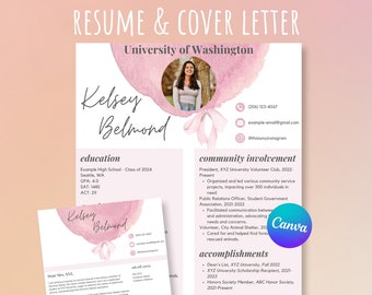 Pink Bow Sorority Resume Template with Photo and Cover Letter, College Sorority Resume Package, Cute Rush Resume, Editable in Canva