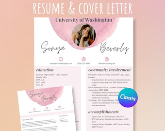 Rosa CV-mall för kvinnoförening med foto och personligt brev, CV-paket för universitetskvinnoförening, Rush-CV, minimalistiskt, redigerbart i Canva