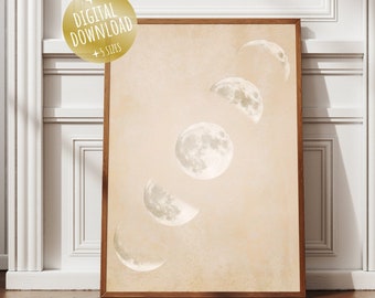 Op de afbeelding: Een digitale download van een printbare kunstprint met een beige achtergrond en vijf verschillende maanfasen in wit. De tekst "inner bloom" staat onderaan de print.