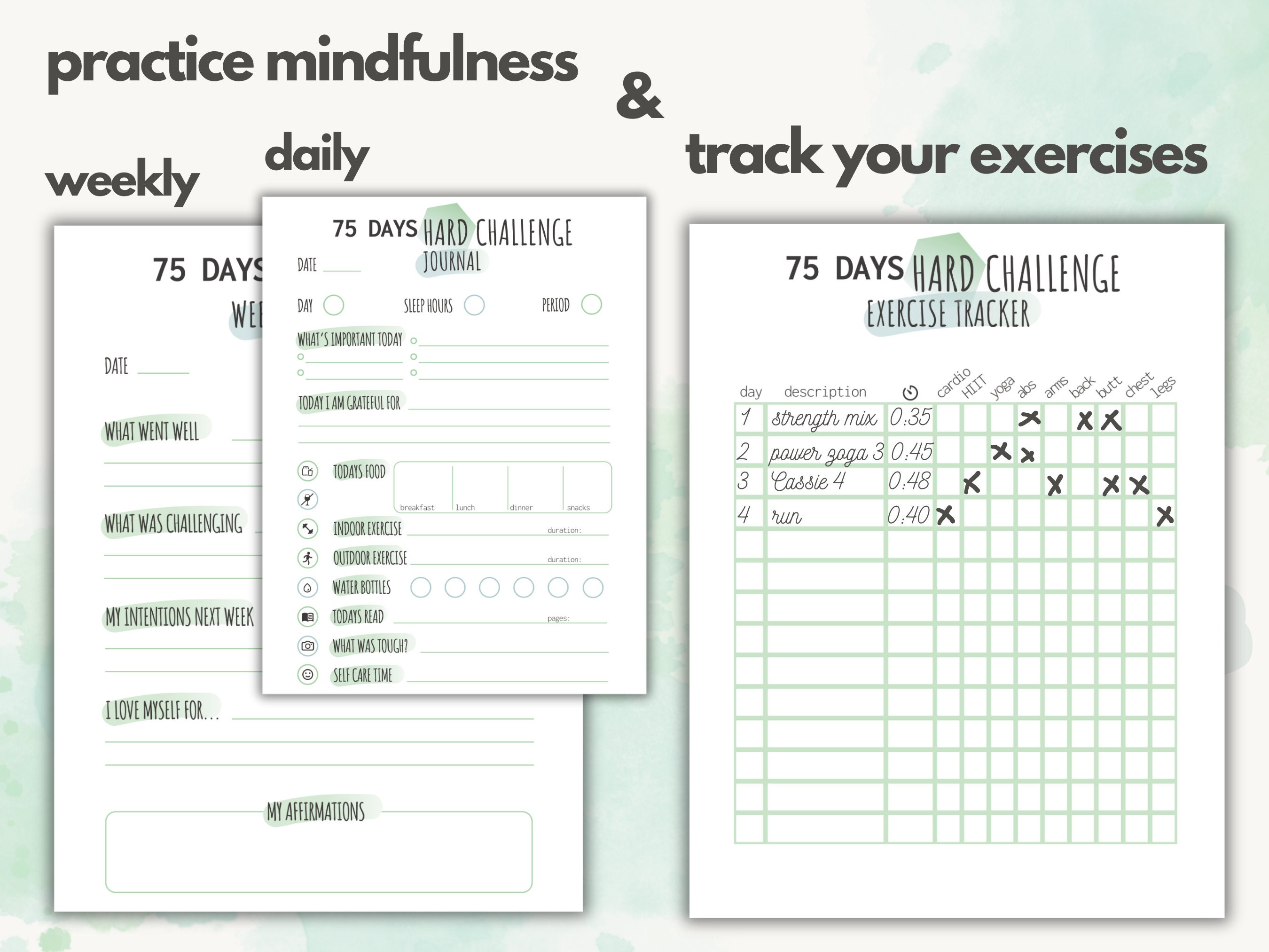 75 HARD Challenge Tracker EDITABLE and Printable Bundle Fitness Planner ...