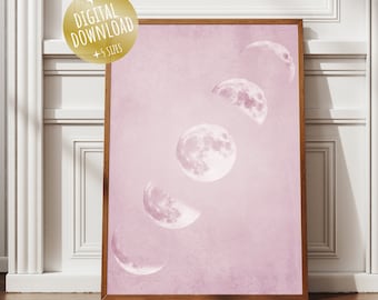 Pink Moon Phases Printable Poster, Moon Print, Celestial Crescent Moon Decor, Digital Print, Aesthetic Pink Wall Art