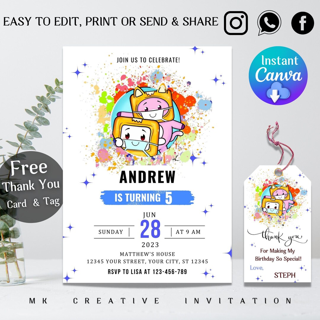 Editable Lankybox Birthday Invitation Printable Electronic Etsy