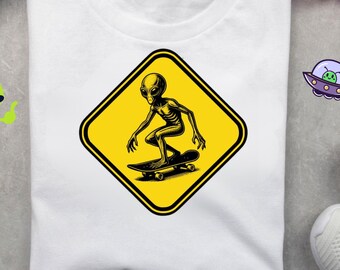 Alien Skater PNG, Retro Sci Fi Skateboarding Graphic (Digital Download)