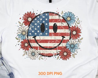 Floral American Flag Smiley Face PNG, Retro Daisy USA Graphic, Fourth of July Design