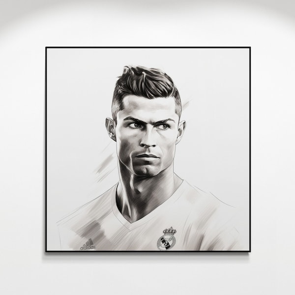 Pencil Portrait of Ronaldo, Black and White Art Print, Athlete Wall Decor, Sports Gift