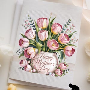 Cartão elegante para o Dia das Mães – Vaso com estampa de tulipa rosa – Saudação para impressão ou envio – Presente clássico para mães