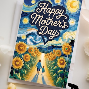 Muttertagskarte Sternenklare Nacht | Sonnenblume Weg Mom Karte | Künstlerische Van Gogh Inspirierte Begrüßung | Mutter und Kind Kunstdruck Karte
