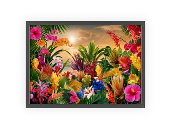 Impresión en lienzo de jardín tropical al atardecer - Arte de pared floral exótico para el hogar, decoración vibrante del atardecer