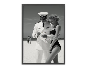 Vintage Navy Officer and Woman on Beach - Classic Black and White Photography Wall Art