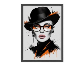 Chic Fashionista Wandkunst - Monochrome Frau Porträt mit lebhaftem Orange Spritzer für stilvolles Dekor