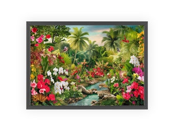 Impression d'art jardin paradisiaque tropical - art mural paysage floral luxuriant pour la maison et le bureau