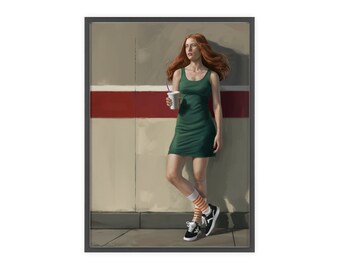 Urban Chic Wall Art: Red-Haired Woman in Green Dress with Coffee - Modern Street Style Decor