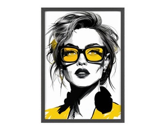 Modern mode-icoon muurkunst Opvallend portret met gele bril, perfect voor stijlvolle interieurs