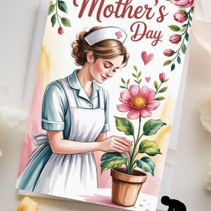 Moederdagkaart voor verpleegkundige moeder | Verzorgerkaart in vintage stijl | Cadeau moeder gezondheidswerker | Moederwenskaart met zachte bloemen