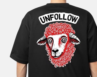 Design PNG "Unfollow Sheep" (Deixe de Seguir), Humor nas Redes Sociais com Olhos Hipnóticos