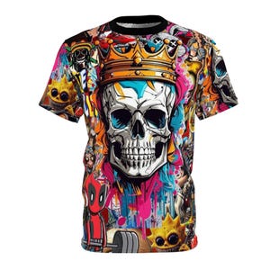Camiseta unisex con calaveras vibrantes, estilo urbano moderno, ropa para festivales, camiseta gráfica, regalo único para él y para ella, ropa informal moderna.