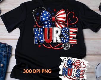 Patriotic Nurse PNG, American Flag Bow, Stethoscope, 4th of July RN Design