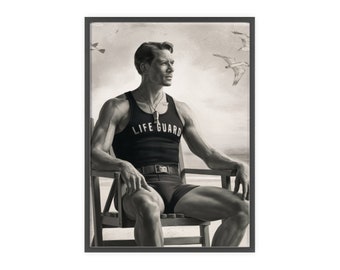 Vintage Lifeguard Portrait - Retro Beach Guard Wall Art, Classic Black and White Decor