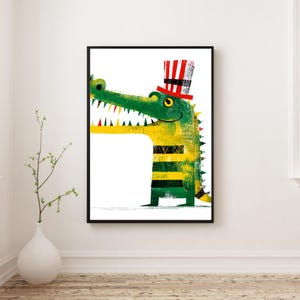 Whimsical Crocodile Nursery Print: Funny Alligator in Hat (Digital Download
