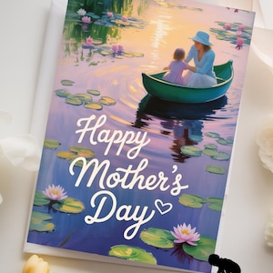Muttertagskarte Seerosensee | Sentimentale Mom Karte mit Bootsmotiv | Friedliche Natur Kunst Karte | Mutter und Kind Gruß