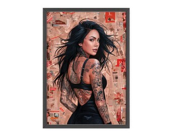 Urban Tattoo Art Canvas Print - Modern Woman Portrait with Vintage Newspaper Background for Edgy Home Decor