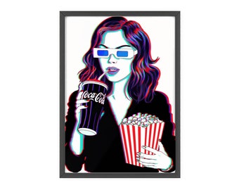 Retro 3D-Kino Pop Art Leinwand Stilvolle Frau mit Cola und Popcorn, perfekt für Heimkino-Dekor