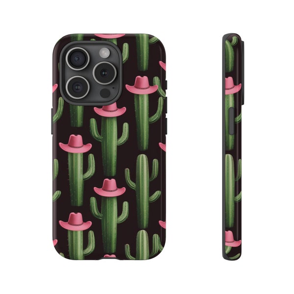 Coque de portable cactus chic et chapeaux de cowboy roses - Coque pour smartphone de style occidental original, étui de protection unique sur le thème du désert