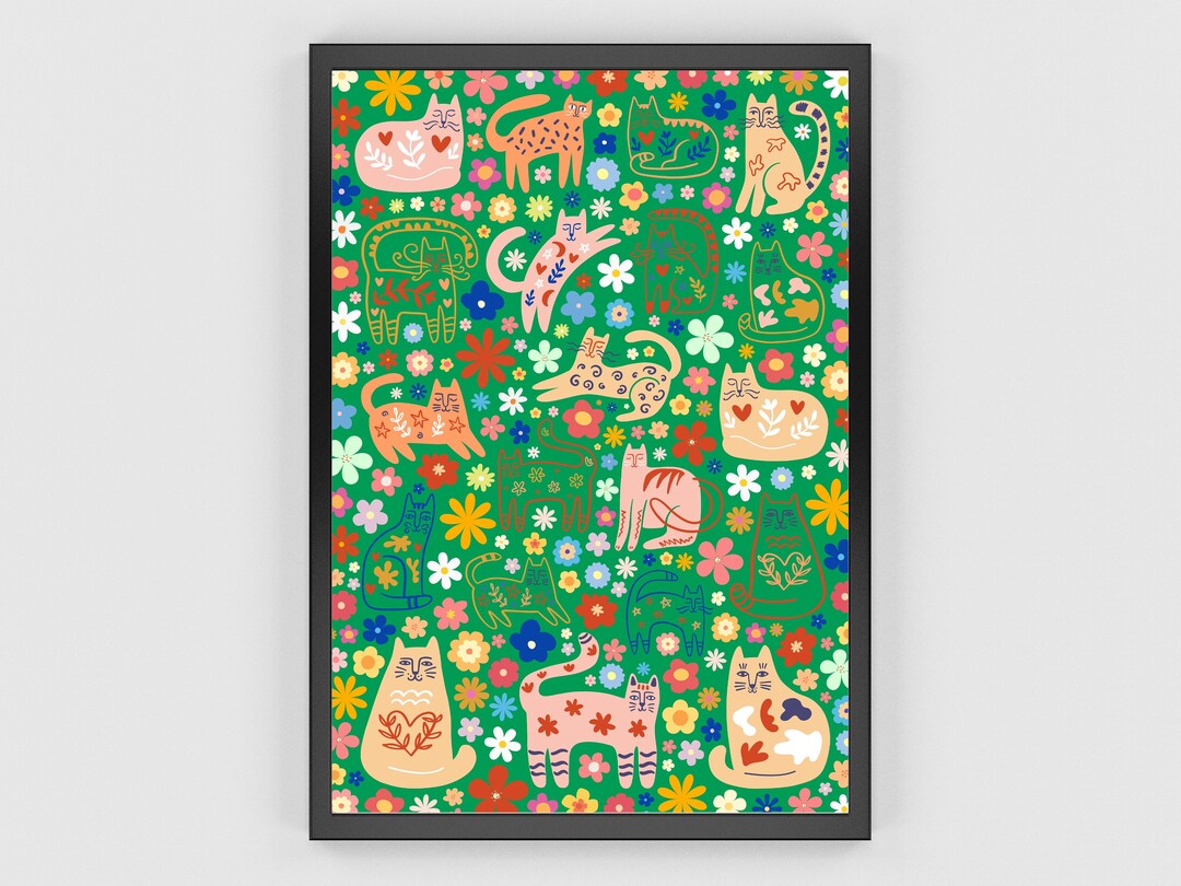 Printable Wall Art Cute Cat & Flower Poster Colorful Cat - Etsy