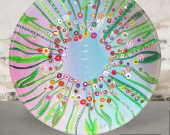 Round canvas picture on which i painted acrylic technique. psycodelic drawing, original nature,