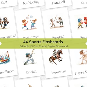 Flashcards esportivos editáveis para crianças, cartões de memória Montessori de nomenclatura de 3 partes para impressão para crianças, cartões de aprendizagem de educação física educacional
