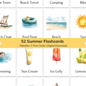 Tarjetas didácticas de verano editables para niños, Tarjetas flash para niños pequeños con nomenclatura de 3 partes imprimibles Montessori, material de aprendizaje, preescolar en casa
