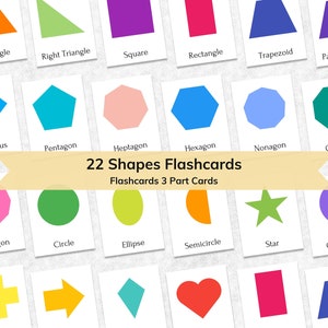 Flashcards Montessori 2D géométriques 22 formes pour enfants | Cartes éclair éducatives en 3 parties avec nomenclature pour tout-petits | Matériaux Montessori imprimables