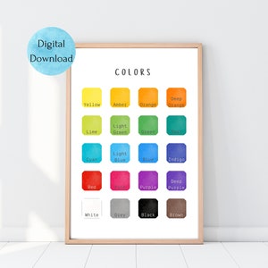 Póster educativo Montessori de colores, Tabla de colores imprimible para decoración de guardería, Decoración de aula de profesores, Descarga digital