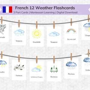 Flashcards météo en français pour enfants | Carte éducative en 3 parties de nomenclature éducative Montessori imprimable | Cartes flash aquarelle météo