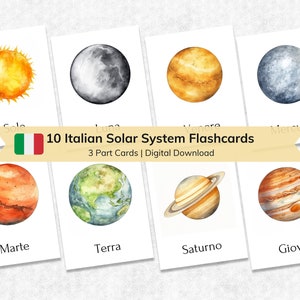 Italienische Lernkarten zum Sonnensystem für Kinder | Druckbare Montessori-Materialien | 3-teilige pädagogische Nomenklaturkarten zum Sonnensystem