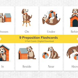 Hund Thema Präposition Lernkarten für Kinder, druckbare Montessori 3-teilige Nomenklatur Kleinkind-Stickkarten, Lerne Präposition