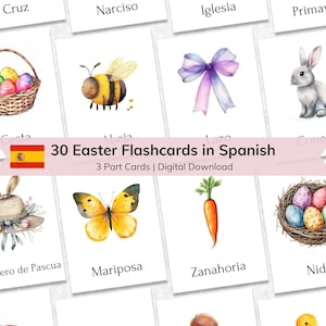 Spaanse paas-montessori-flashkaarten voor kinderen | Nomenclatuur 3-delige kaarten | Pasen, lente bewerkbare educatieve flitskaarten voor kinderen
