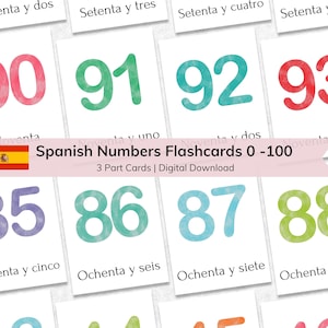 Flashcards com números espanhóis para crianças | Aprenda os números de 0 a 100 | Cartões flash educacionais em 3 partes | Materiais Montessori para impressão | Ferramenta de aprendizado