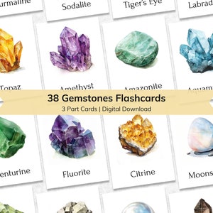 Edelstenen Flashcards | Kaarten met mineralen en kristallen | Educatieve 3-delige nomenclatuurkaarten | Afdrukbaar montessorimateriaal | Geologische rotsen