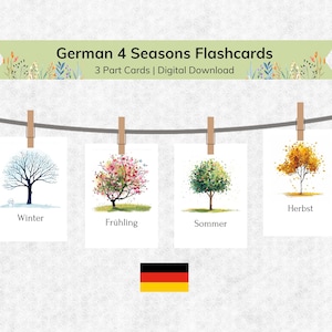 Deutsch Karteikarten der 4 Jahreszeiten | Druckbare Montessori Lernmaterial | 3 Teil Nomenklatur Kleinkind Lernkarten