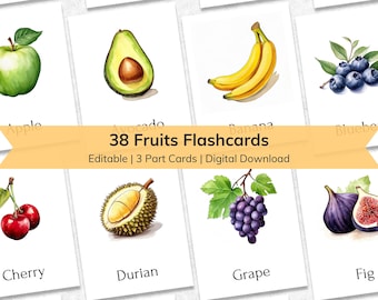 Editable Fruits Flashcards for Kids | Educational 3 Part Nomenclature Toddler Flash Cards | Printable Montessori Materials