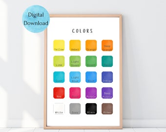 May include: A color chart with 16 different colors, including yellow, amber, orange, lime, green, cyan, blue, red, purple, white, grey, black, and brown. The chart is titled "COLORS".