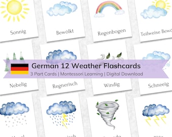 German Weather Flashcards: Watercolor Montessori Cards (Digital Download)
